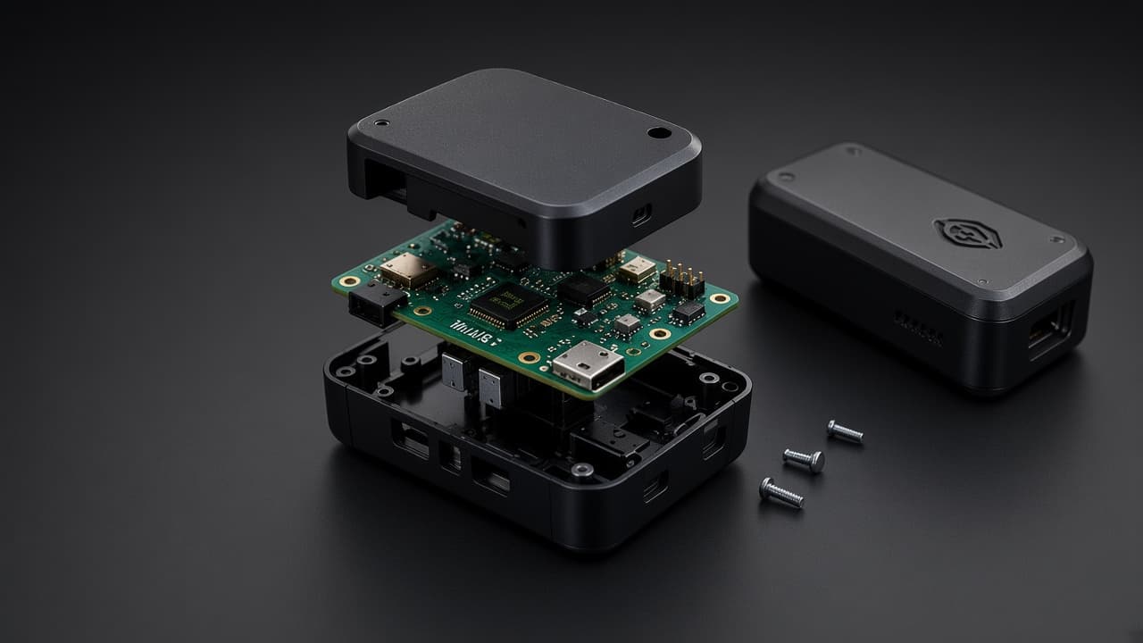 Exploded electronic device: enclosure, board, and assembled product