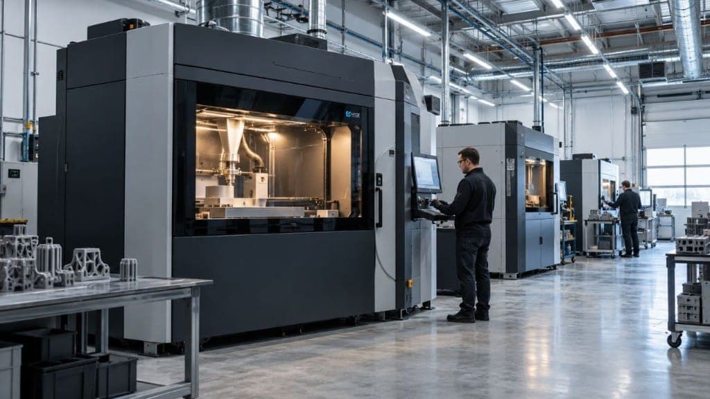 Industrial SLS printing system on a shop floor, with an operator at the control panel