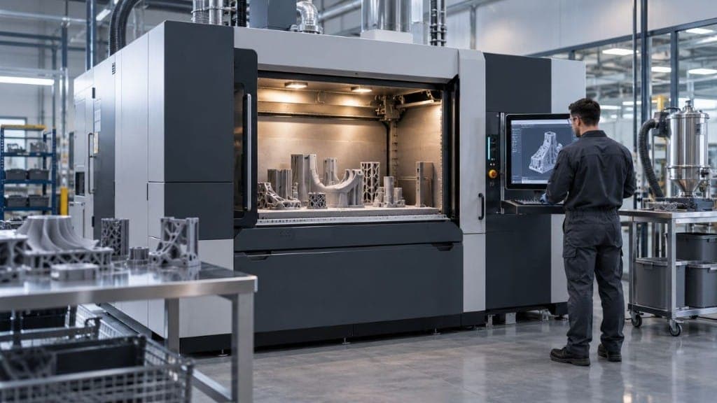 An engineer at an industrial SLS printer with a part model on the screen