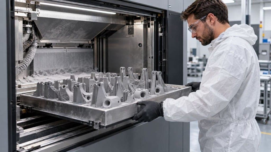 An operator removes a tray of functional parts after industrial SLS printing