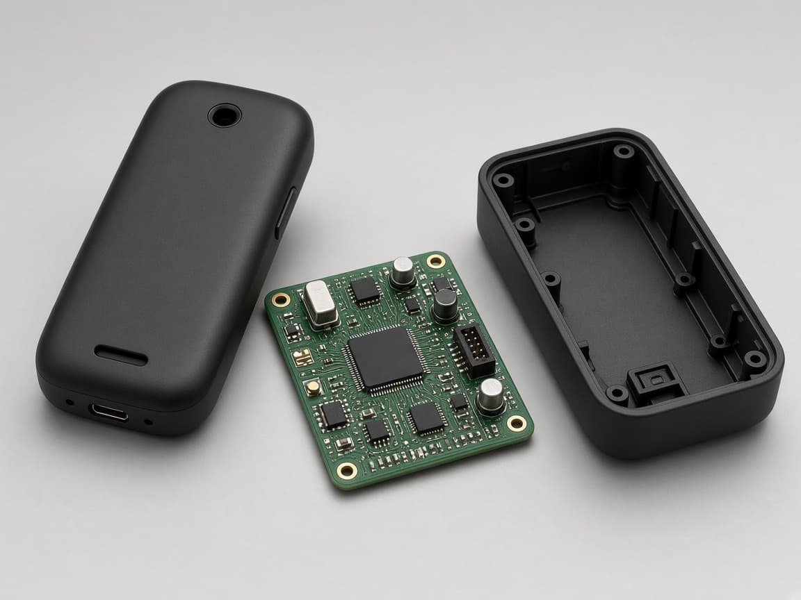 Finished device next to a board and an enclosure