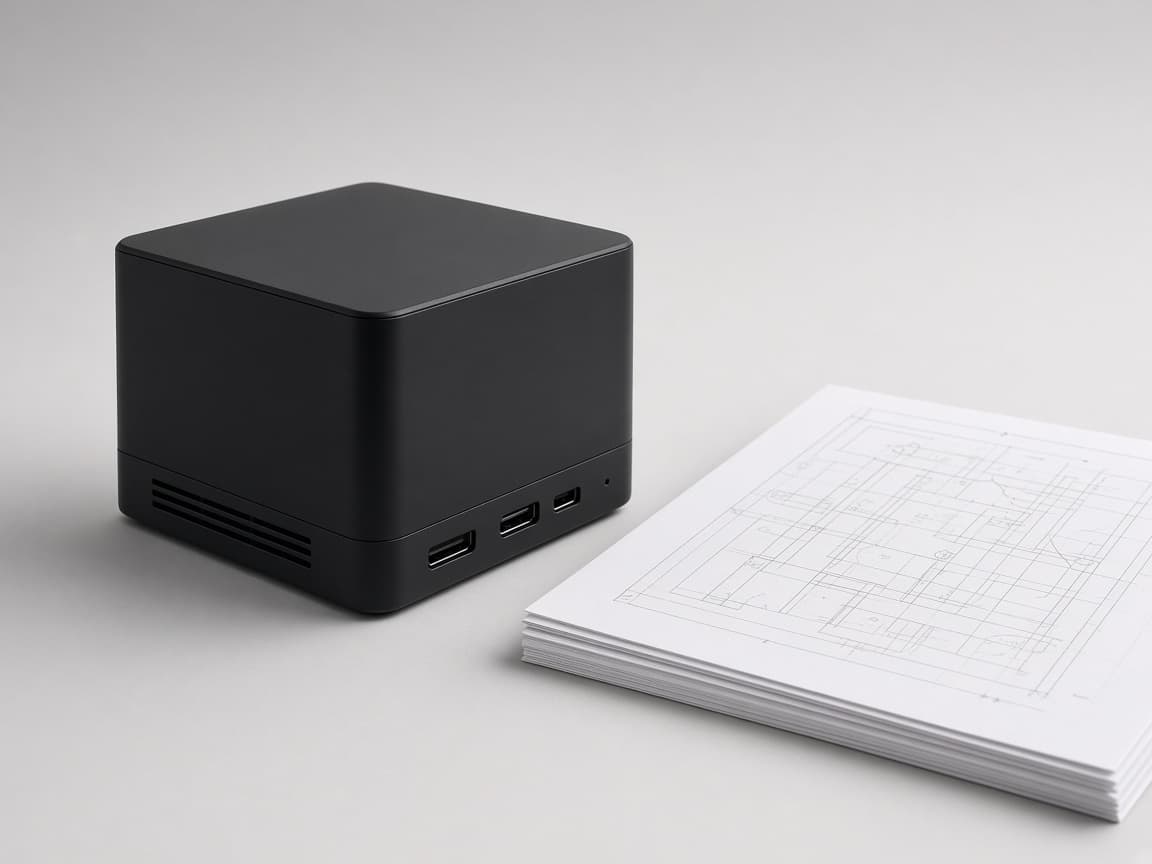 Finished device next to engineering drawings